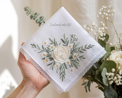 Embroidered Wedding Handkerchief – Custom Floral Hankie for Bride, Bridal Gift, Personalized with Name & Date, Gift for Bride