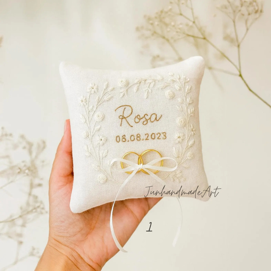 Personalized Embroidered Ring Bearer Pillow, Custom Linen Wedding Cushion, Hand Embroidery Ring Holder, Floral Ring Pillow, Wedding Gift