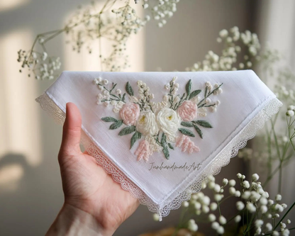 Embroidered Wedding Handkerchief – Custom Floral Hankie for Bride, Bridal Gift, Personalized with Name & Date, Gift for Bride