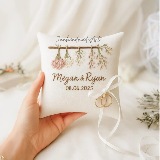 Personalized Embroidered Ring Bearer Pillow, Custom Linen Wedding Cushion, Hand Embroidery Ring Holder, Floral Ring Pillow, Wedding Gift