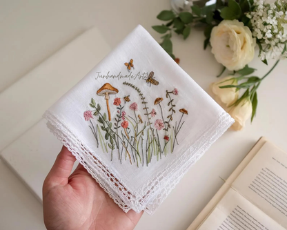 Embroidered Wedding Handkerchief – Custom Floral Hankie for Bride, Bridal Gift, Personalized with Name & Date, Gift for Bride