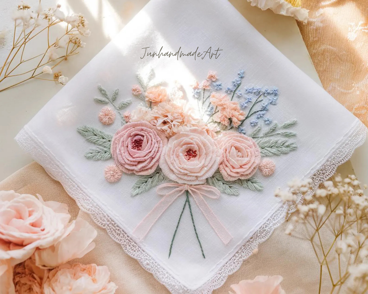 Embroidered Wedding Handkerchief – Custom Floral Hankie for Bride, Bridal Gift, Personalized with Name & Date, Gift for Bride