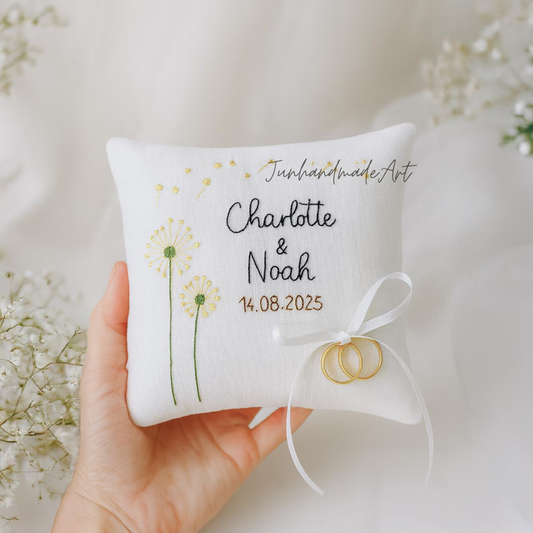 Personalized Embroidered Ring Bearer Pillow, Custom Linen Wedding Cushion, Hand Embroidery Ring Holder, Floral Ring Pillow, Wedding Gift