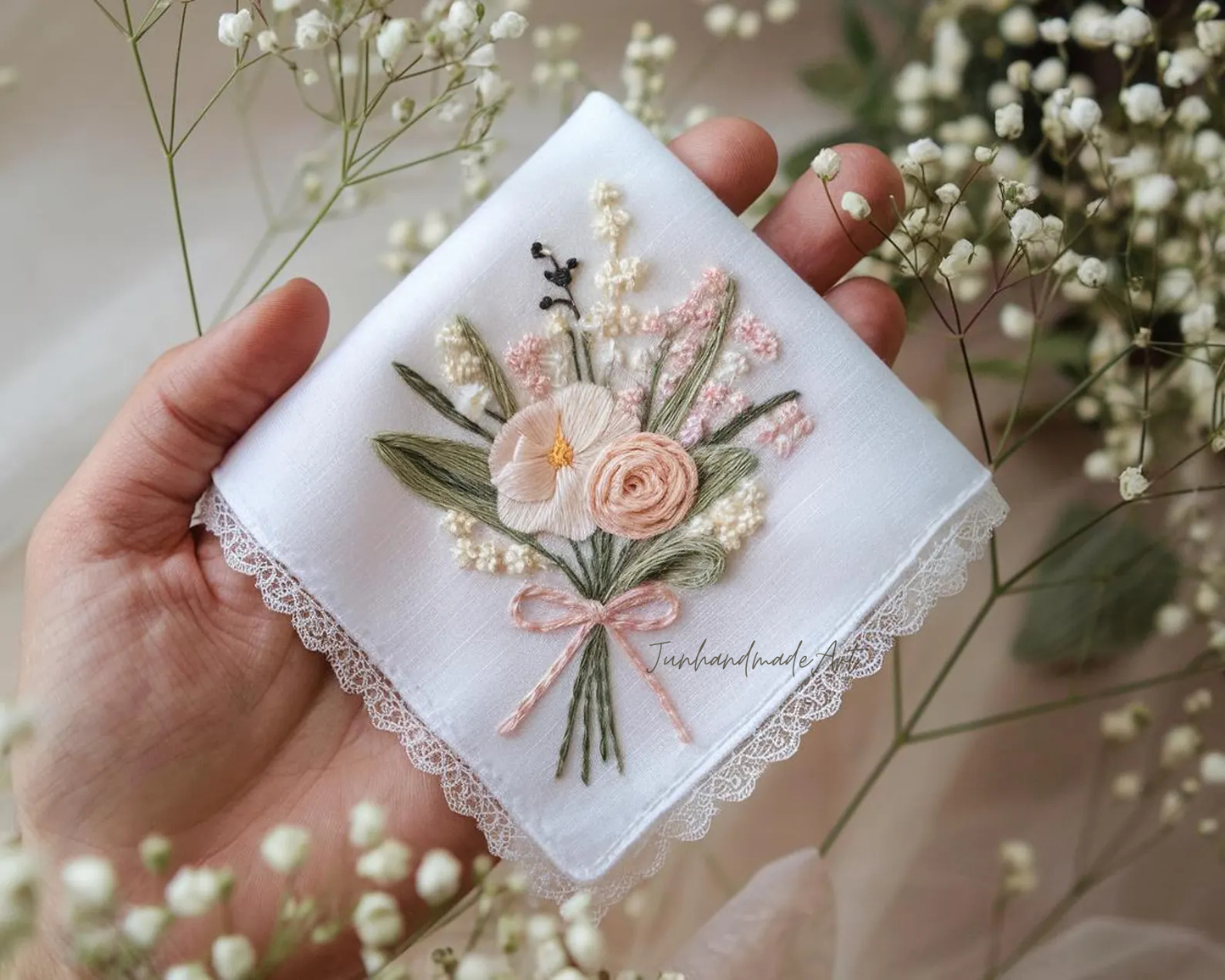 Embroidered Wedding Handkerchief – Custom Floral Hankie for Bride, Bridal Gift, Personalized with Name & Date, Gift for Bride