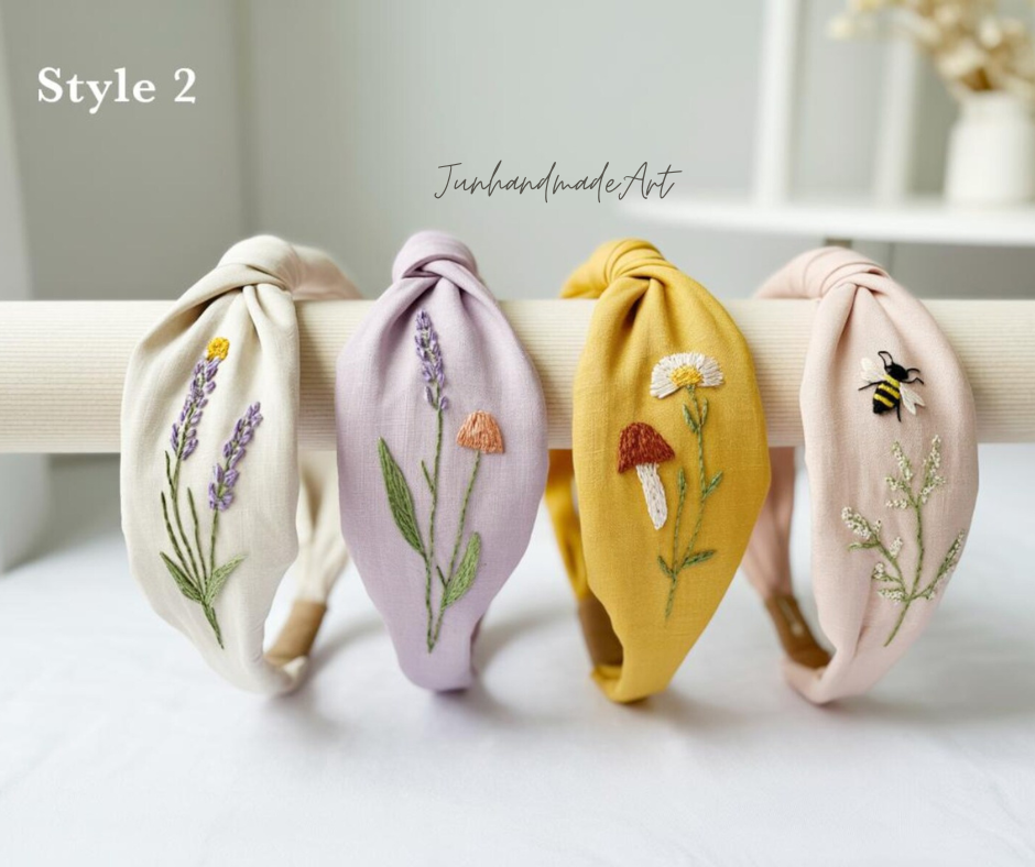 Hand Floral Embroidered Linen Knot Turban, Handmade Turban with Embroidery, Soft and Comfortable Turban, Hair Accessories Gift for Her