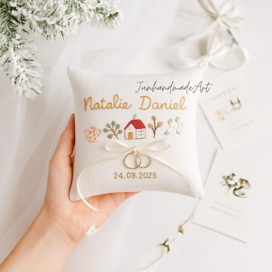 Personalized Embroidered Ring Bearer Pillow, Custom Linen Wedding Cushion, Hand Embroidery Ring Holder, Floral Ring Pillow, Wedding Gift
