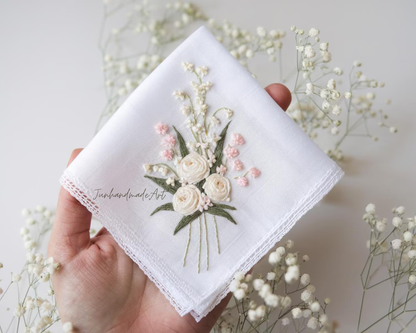 Embroidered Wedding Handkerchief – Custom Floral Hankie for Bride, Bridal Gift, Personalized with Name & Date, Gift for Bride