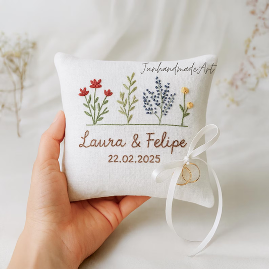 Personalized Embroidered Ring Bearer Pillow, Custom Linen Wedding Cushion, Hand Embroidery Ring Holder, Floral Ring Pillow, Wedding Gift