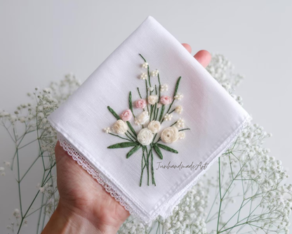 Embroidered Wedding Handkerchief – Custom Floral Hankie for Bride, Bridal Gift, Personalized with Name & Date, Gift for Bride