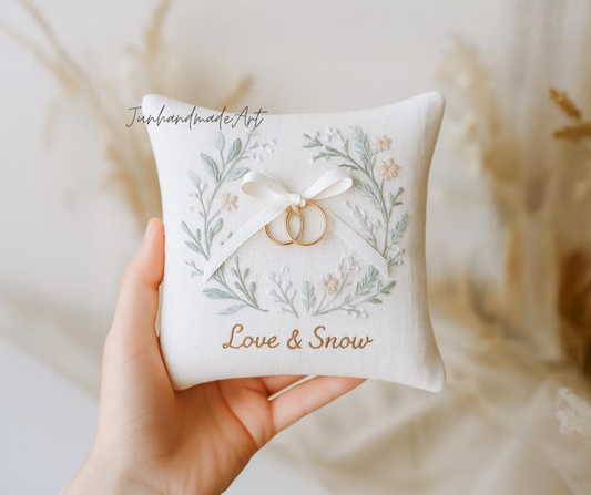 Personalized Embroidered Ring Bearer Pillow, Winter Flower Linen Wedding Gift, Hand Embroidery Ring Holder Leaf Woodland Pillow, Custom Name