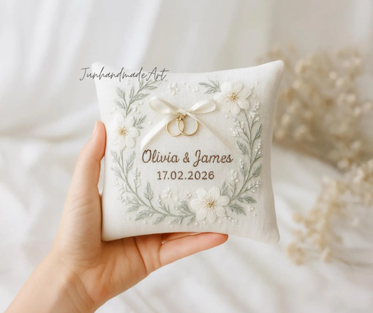 Personalized Embroidered Ring Bearer Pillow, Winter Flower Linen Wedding Gift, Hand Embroidery Ring Holder Leaf Woodland Pillow, Custom Name