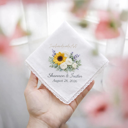 Embroidered Wedding Handkerchief – Custom Floral Hankie for Bride, Bridal Gift, Personalized with Name & Date, Gift for Bride