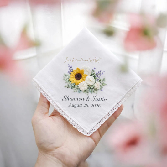 Embroidered Wedding Handkerchief – Custom Floral Hankie for Bride, Bridal Gift, Personalized with Name & Date, Gift for Bride