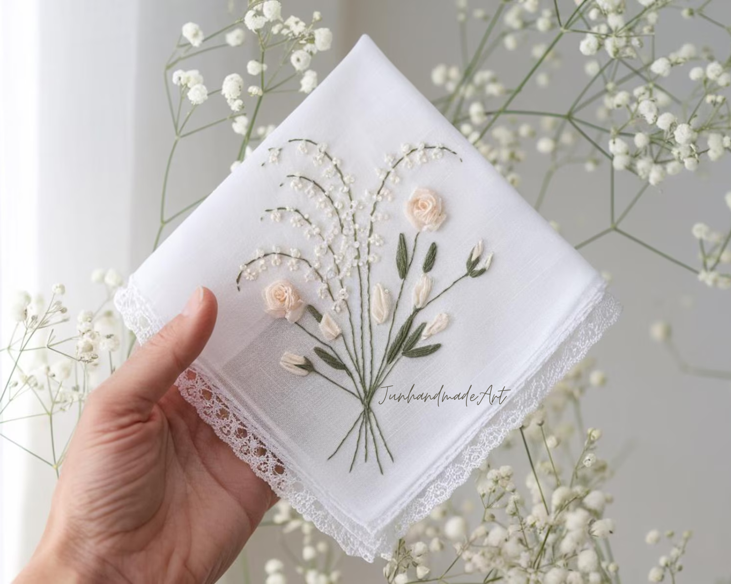 Embroidered Wedding Handkerchief – Custom Floral Hankie for Bride, Bridal Gift, Personalized with Name & Date, Gift for Bride