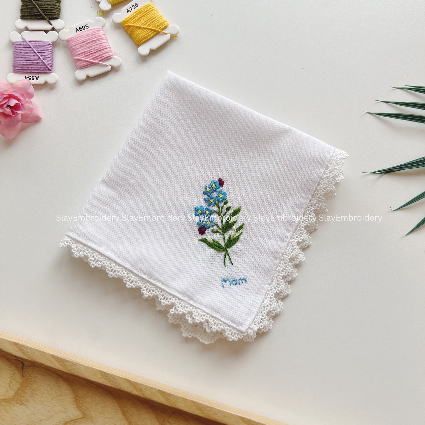 Blue Daisy Whisper Wedding Handkerchief, Custom Embroidered Handkerchief, Linen Handkerchiefs