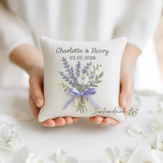 Personalized Embroidered Ring Bearer Pillow, Custom Linen Wedding Cushion, Hand Embroidery Ring Holder, Floral Ring Pillow, Wedding Gift