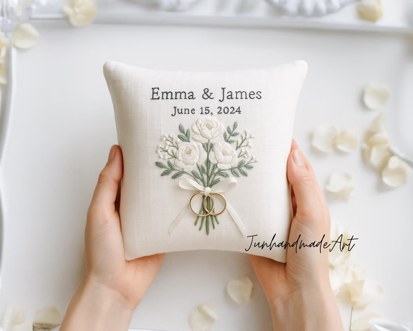 Personalized Embroidered Ring Bearer Pillow, Custom Linen Wedding Cushion, Hand Embroidery Ring Holder, Floral Ring Pillow, Wedding Gift