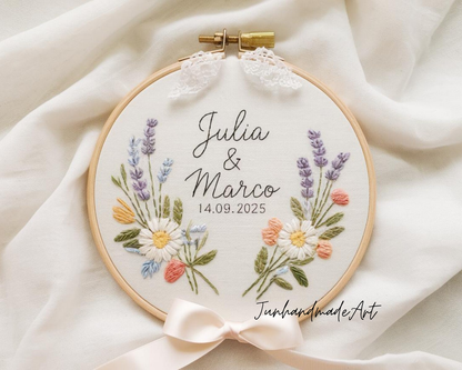 Custom Wedding Embroidery Hoop with Flowers and Names – Personalized Hand Embroidered Wildflowers Gift for Couple, Anniversary