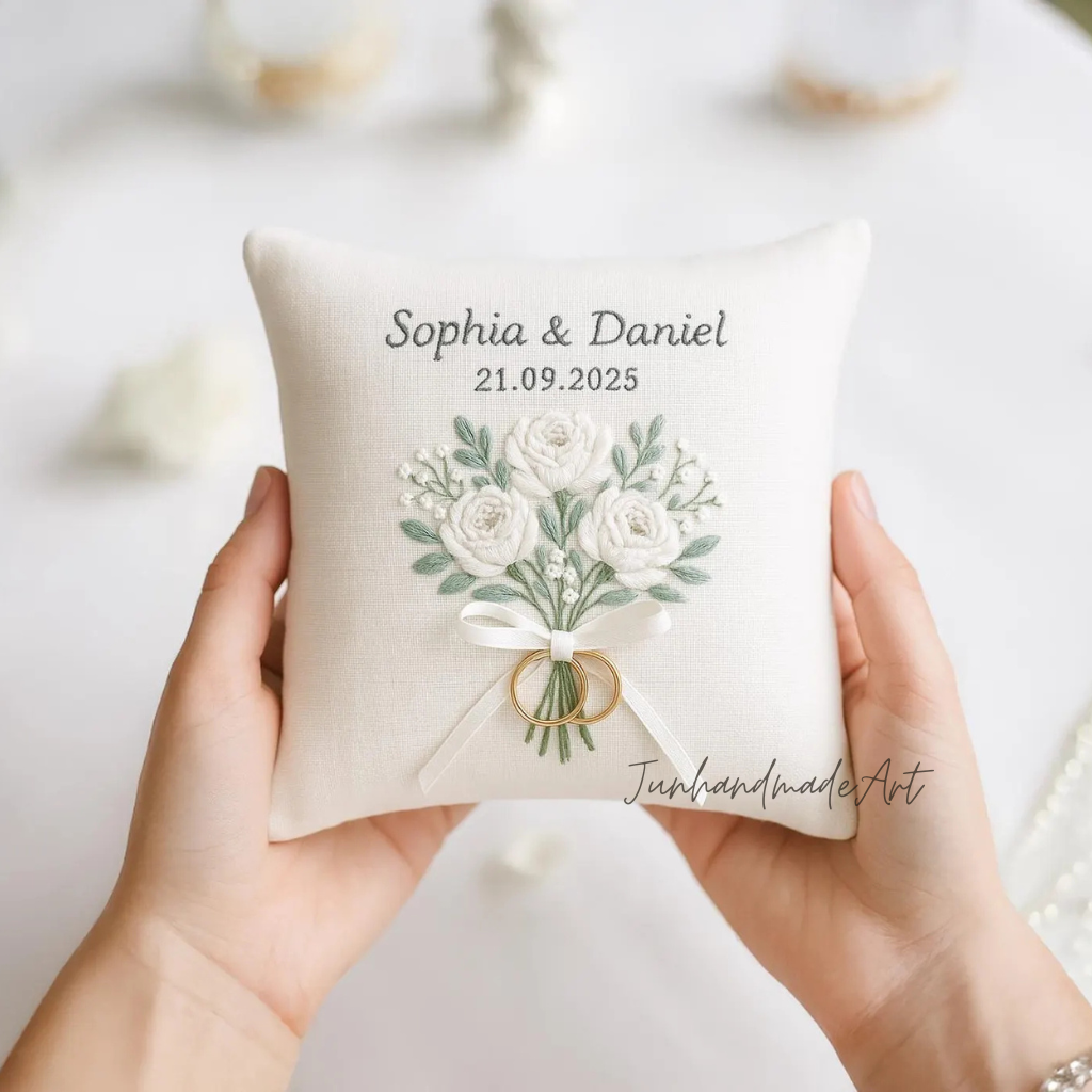 Personalized Embroidered Ring Bearer Pillow, Custom Linen Wedding Cushion, Hand Embroidery Ring Holder, Floral Ring Pillow, Wedding Gift