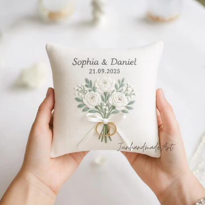 Personalized Embroidered Ring Bearer Pillow, Custom Linen Wedding Cushion, Hand Embroidery Ring Holder, Floral Ring Pillow, Wedding Gift