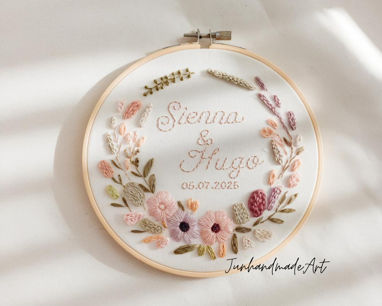 Custom Wedding Embroidery Hoop with Flowers and Names – Personalized Hand Embroidered Wildflowers Gift for Couple, Anniversary