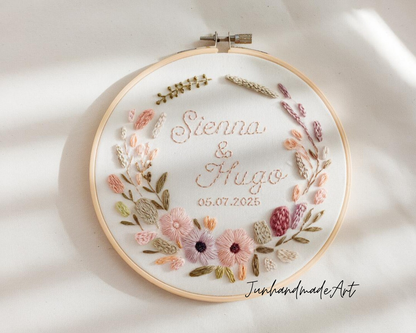 Custom Wedding Embroidery Hoop with Flowers and Names – Personalized Hand Embroidered Wildflowers Gift for Couple, Anniversary