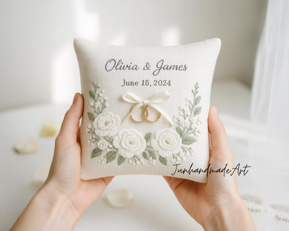 Personalized Embroidered Ring Bearer Pillow, Custom Linen Wedding Cushion, Hand Embroidery Ring Holder, Floral Ring Pillow, Wedding Gift