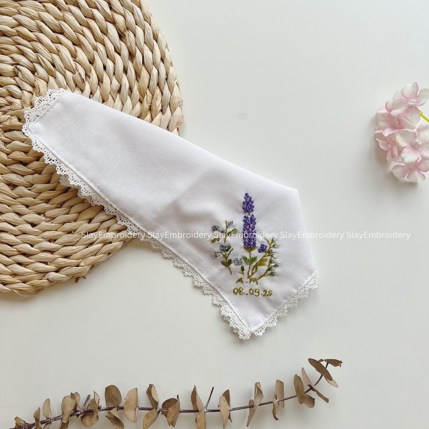 Scent of Lavender Wedding Handkerchief, Custom Embroidered Handkerchief, Linen Handkerchiefs