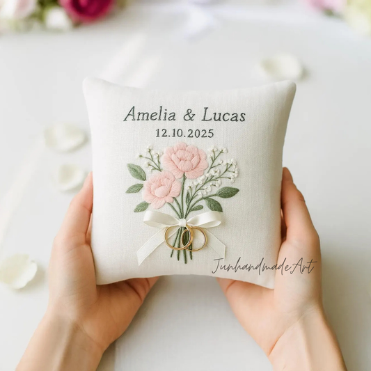 Personalized Embroidered Ring Bearer Pillow, Custom Linen Wedding Cushion, Hand Embroidery Ring Holder, Floral Ring Pillow, Wedding Gift