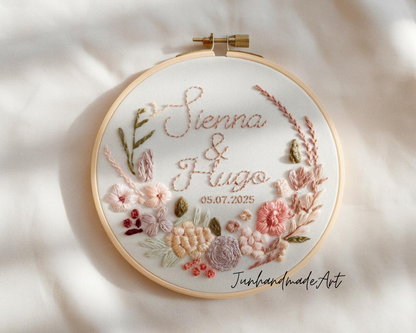 Custom Wedding Embroidery Hoop with Flowers and Names – Personalized Hand Embroidered Wildflowers Gift for Couple, Anniversary