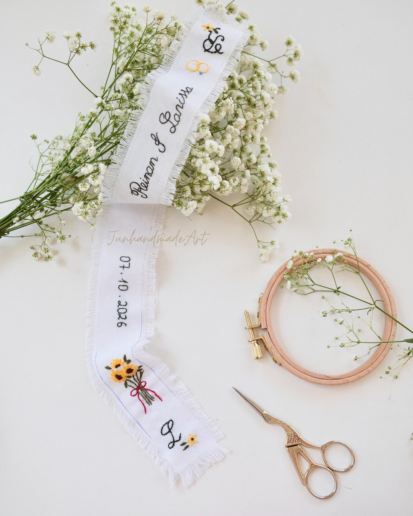 Personalized Embroidered Wedding Ribbon – Custom Linen Tie for Bouquet or Hair, Hand-stitched with Names & Date, Bridal Keepsake Gift