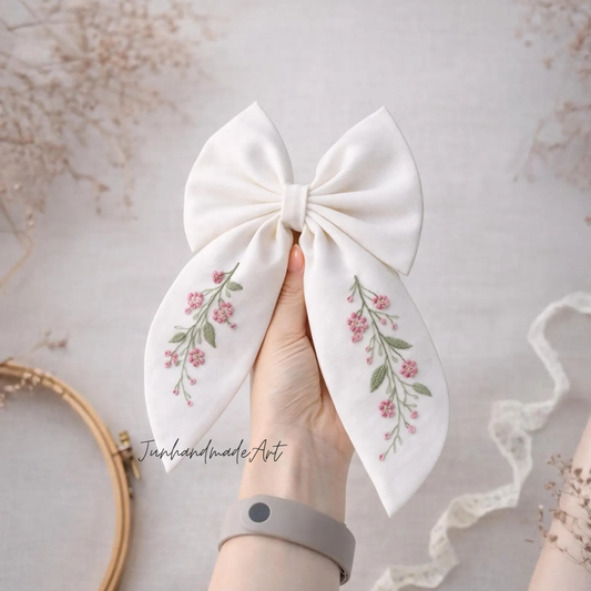 Personalized Linen Hair Bow – Hand Embroidered Flower Bow with Pattern – Custom Name Text Bow for Girls, Handmade Hairpin Bow for Girl