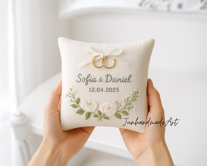 Personalized Embroidered Ring Bearer Pillow, Custom Linen Wedding Cushion, Hand Embroidery Ring Holder, Floral Ring Pillow, Wedding Gift