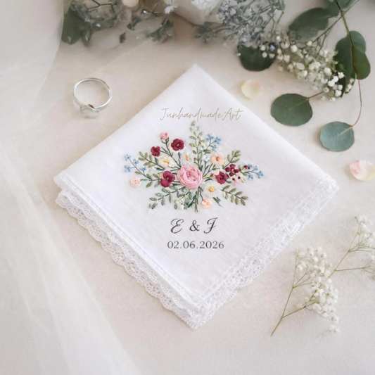 Embroidered Wedding Handkerchief – Custom Floral Hankie for Bride, Bridal Gift, Personalized with Name & Date, Gift for Bride