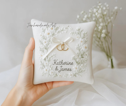 Personalized Embroidered Ring Bearer Pillow, Winter Flower Linen Wedding Gift, Hand Embroidery Ring Holder Leaf Woodland Pillow, Custom Name