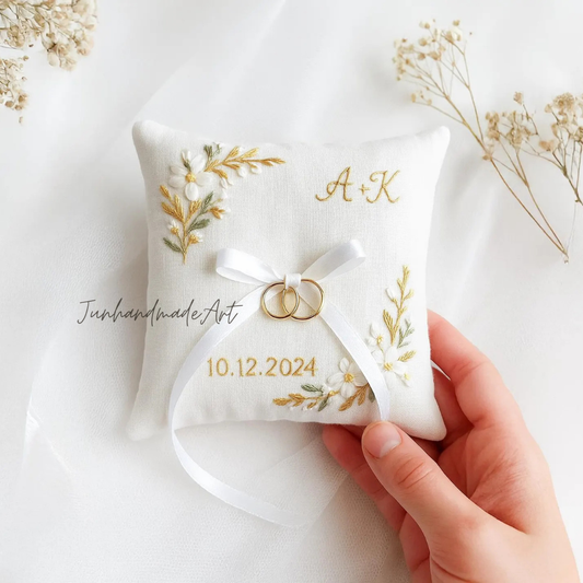 Personalized Embroidered Ring Bearer Pillow, Custom Linen Wedding Cushion, Hand Embroidery Ring Holder, Floral Ring Pillow, Wedding Gift