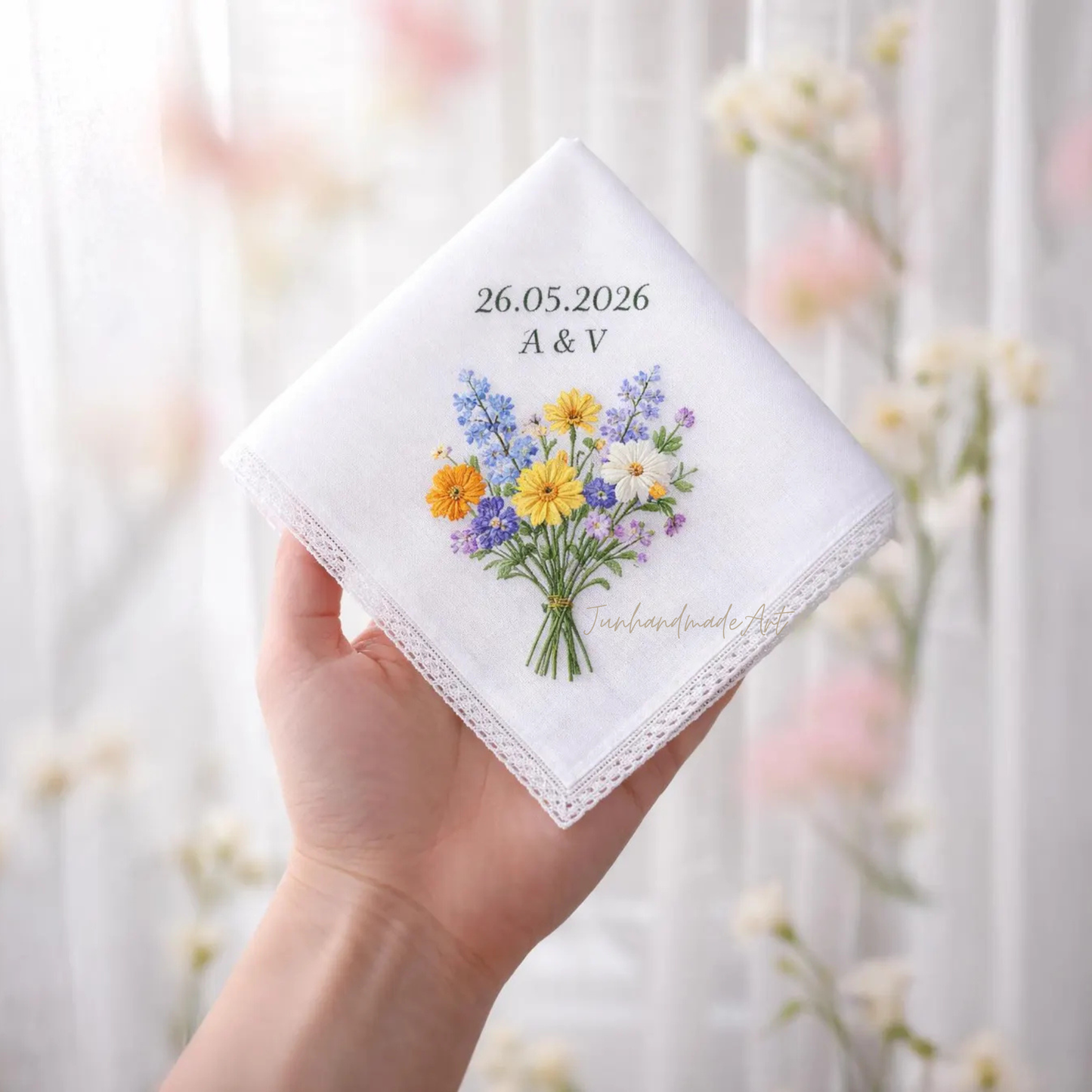 Embroidered Wedding Handkerchief – Custom Floral Hankie for Bride, Bridal Gift, Personalized with Name & Date, Gift for Bride