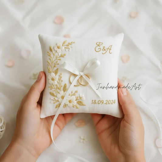Personalized Embroidered Ring Bearer Pillow, Custom Linen Wedding Cushion, Hand Embroidery Ring Holder, Floral Ring Pillow, Wedding Gift