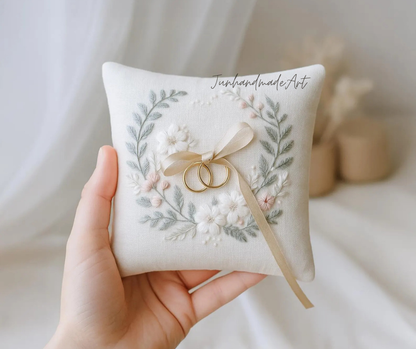 Personalized Embroidered Ring Bearer Pillow, Winter Flower Linen Wedding Gift, Hand Embroidery Ring Holder Leaf Woodland Pillow, Custom Name