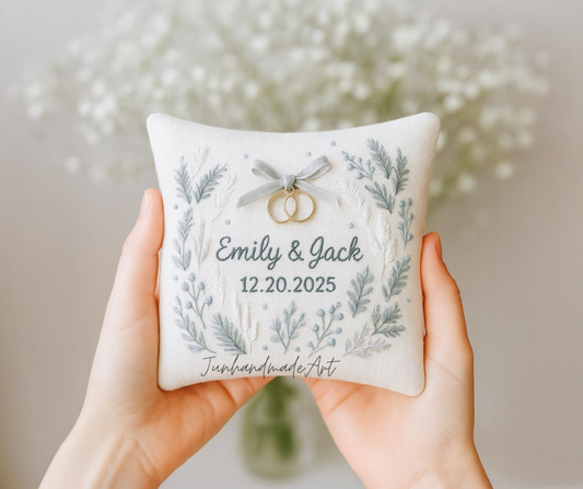 Personalized Embroidered Ring Bearer Pillow, Winter Flower Linen Wedding Gift, Hand Embroidery Ring Holder Leaf Woodland Pillow, Custom Name