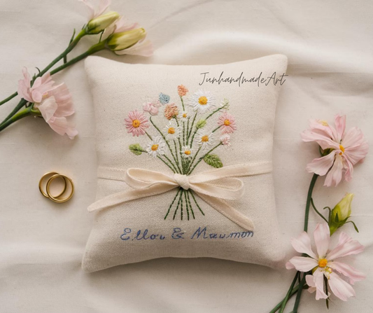Personalized Embroidered Ring Bearer Pillow, Custom Linen Wedding Cushion, Hand Embroidery Ring Holder, Floral Ring Pillow, Wedding Gift