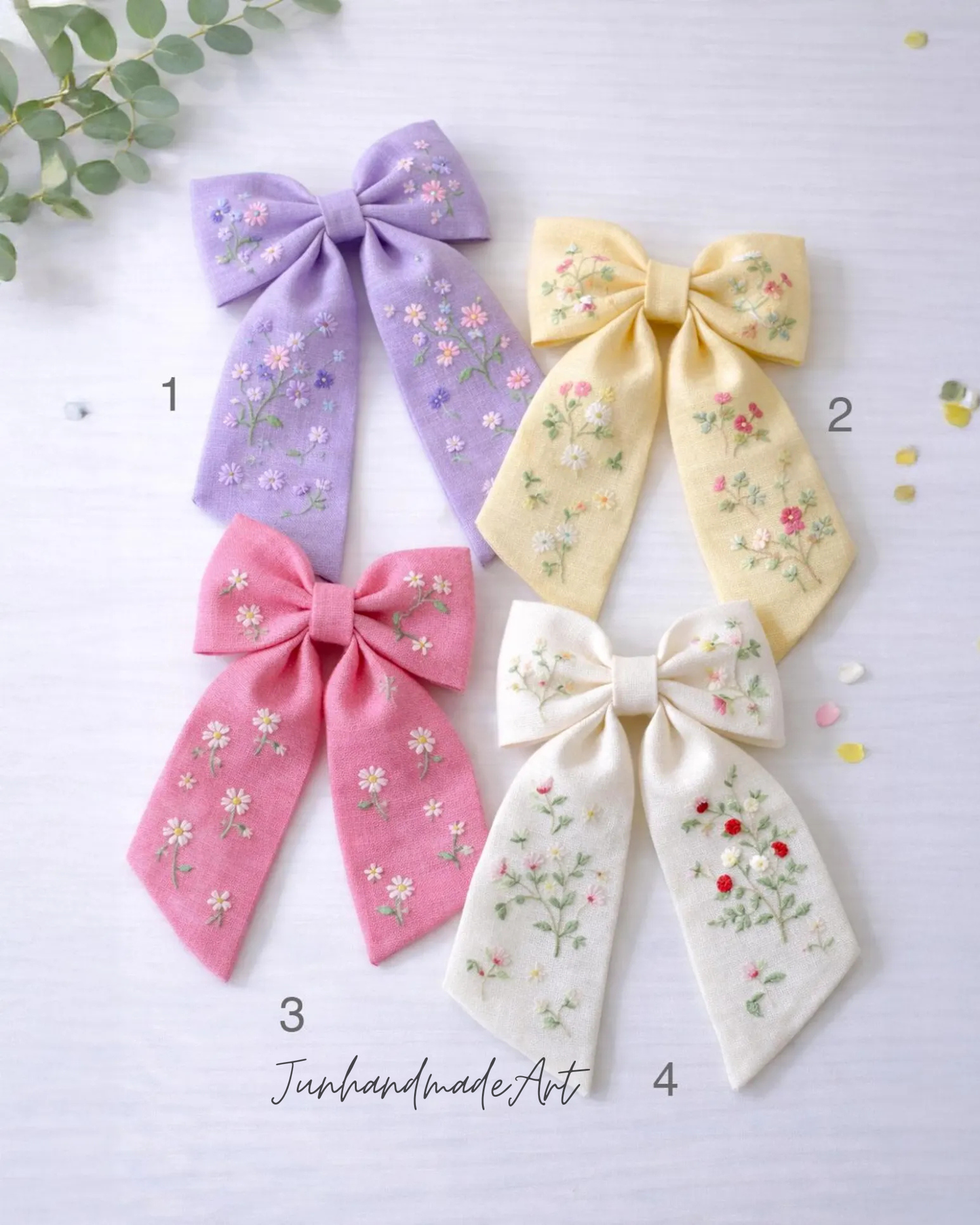 Personalized Linen Hair Bow – Hand Embroidered Flower Bow with Pattern – Custom Name Text Bow for Girls, Handmade Hairpin Bow for Girl