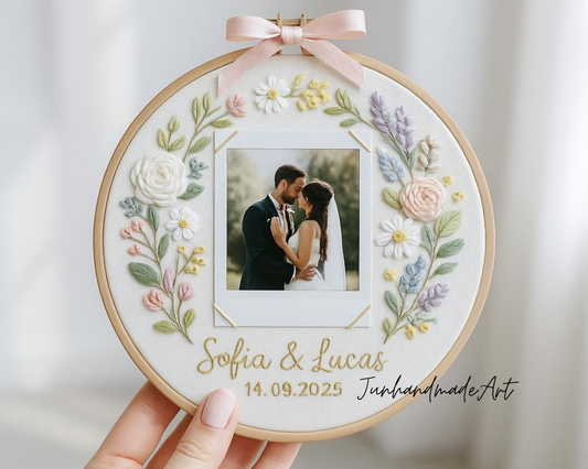 Custom Photo Wedding Embroidery Hoop with Flowers and Names – Personalized Hand Embroidered Wildflowers Gift for Couple, Anniversary