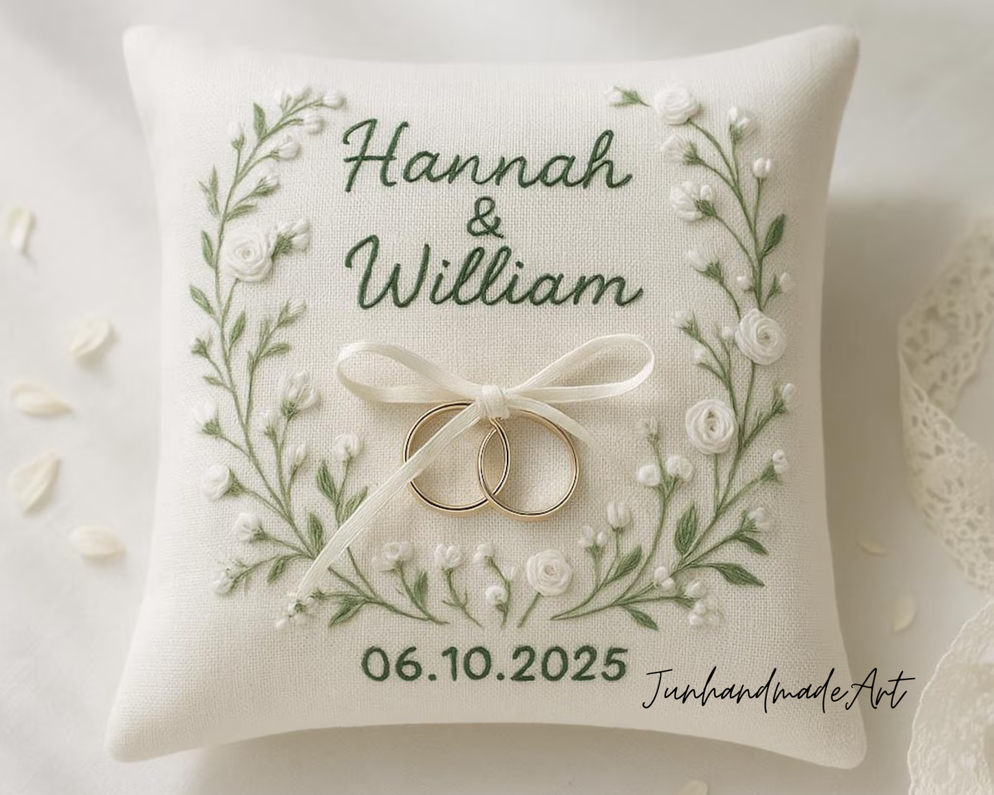 Personalized Embroidered Linen Ring Bearer Pillow: Floral Wedding Keepsake
