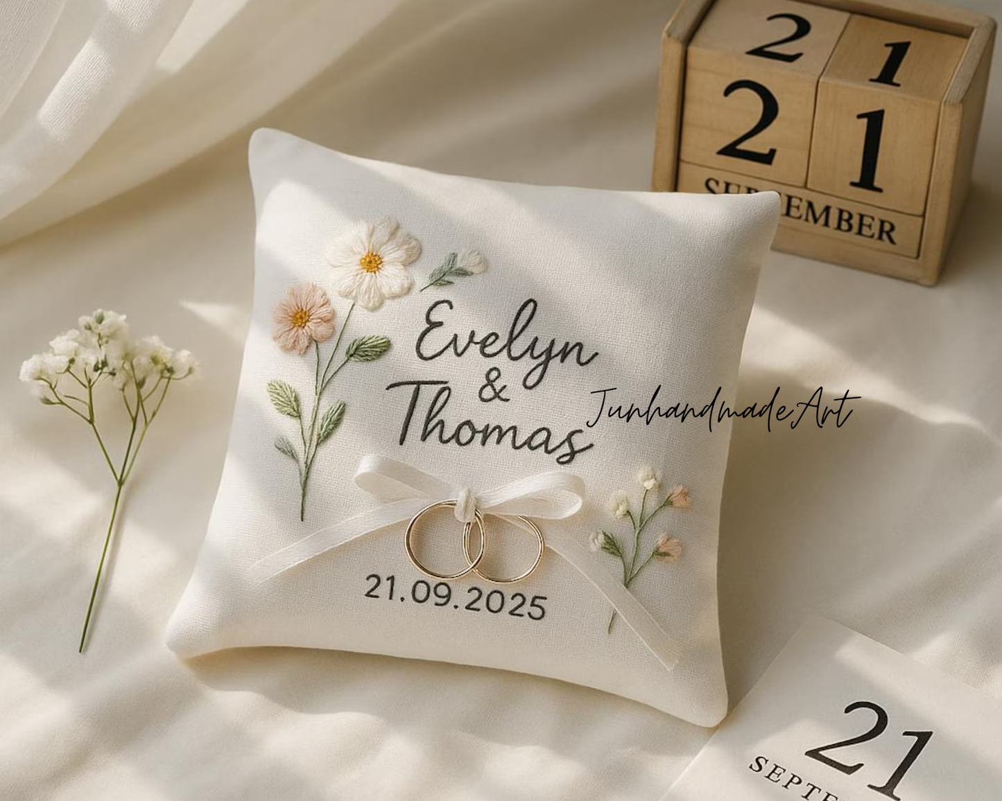 Personalized Embroidered Linen Ring Bearer Pillow: Floral Wedding Keepsake