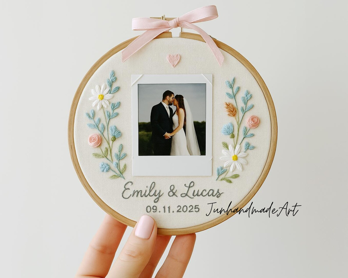 Custom Photo Wedding Embroidery Hoop with Flowers and Names – Personalized Hand Embroidered Wildflowers Gift for Couple, Anniversary