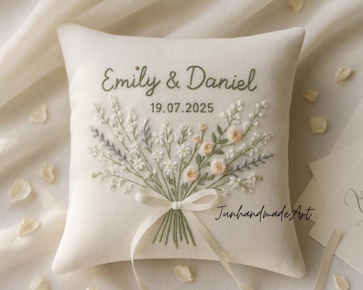 Personalized Embroidered Linen Ring Bearer Pillow: Floral Wedding Keepsake