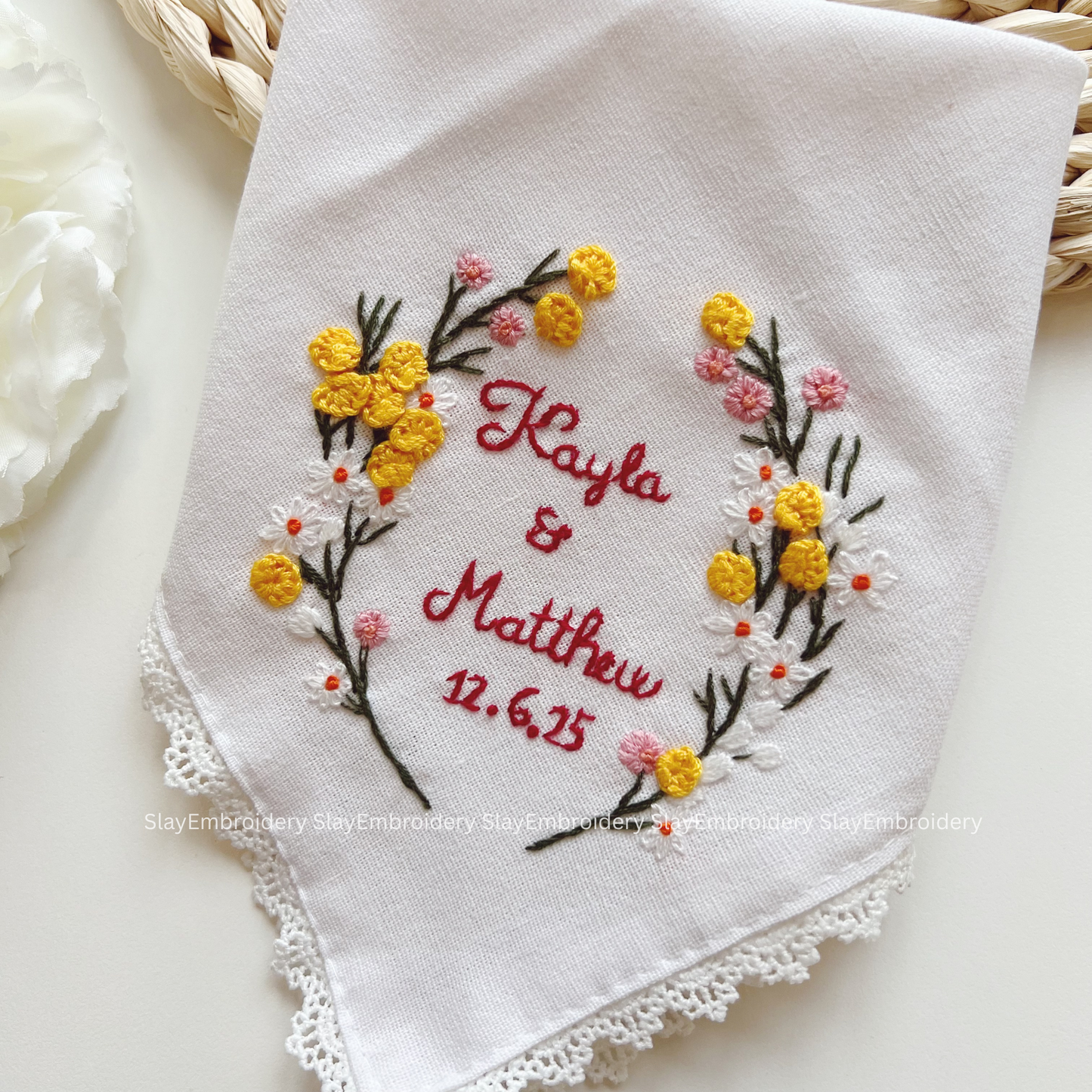 Whispering Petals Wedding Handkerchief, Custom Embroidered Handkerchief, Linen Handkerchiefs