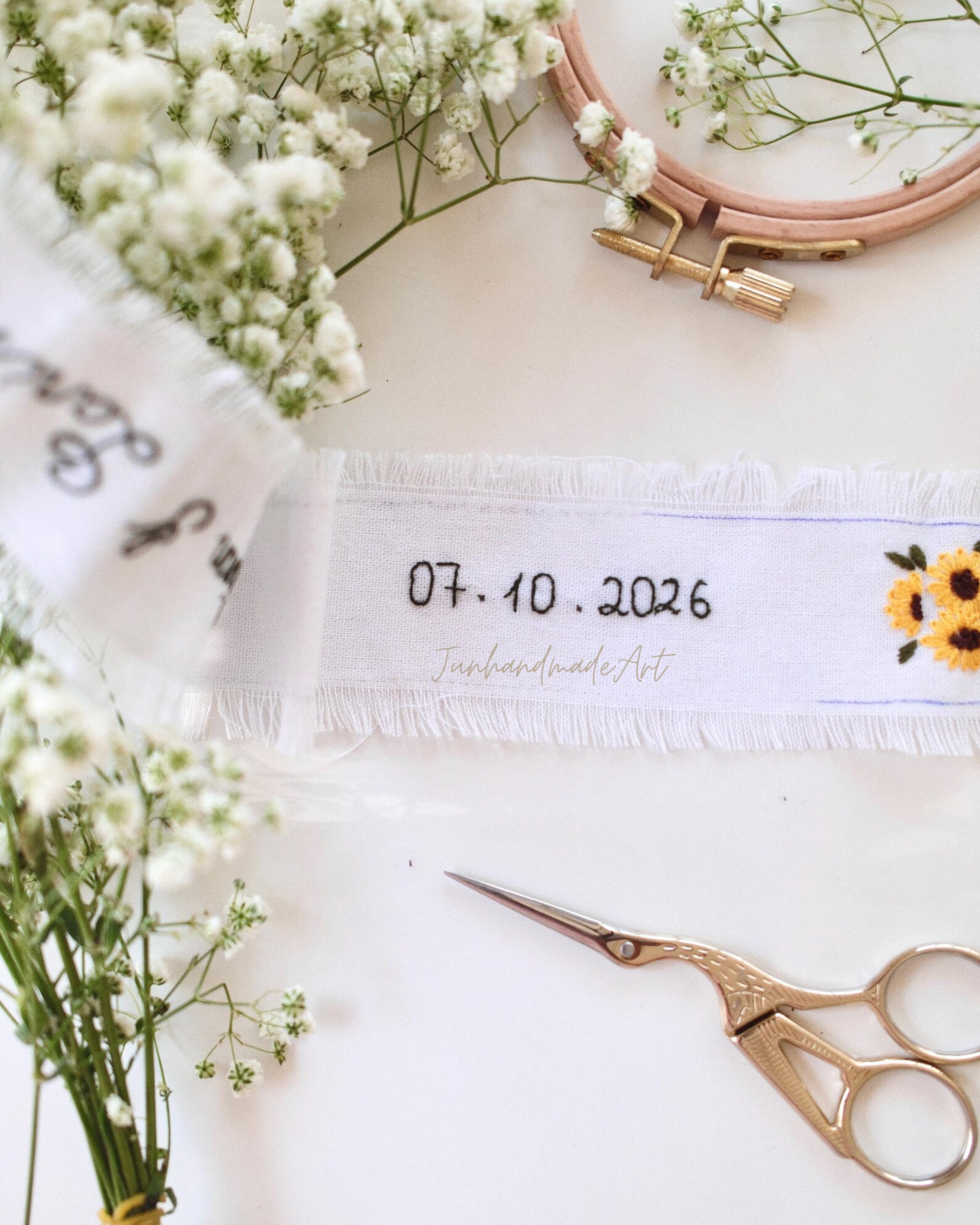 Personalized Embroidered Wedding Ribbon – Custom Linen Tie for Bouquet or Hair, Hand-stitched with Names & Date, Bridal Keepsake Gift
