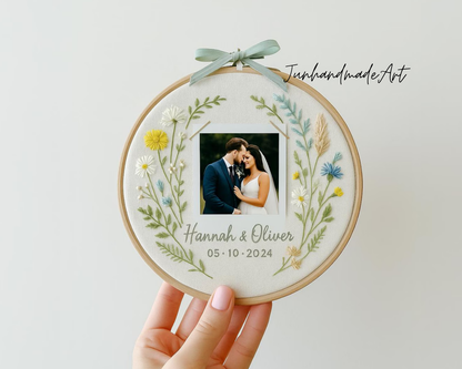 Custom Photo Wedding Embroidery Hoop with Flowers and Names – Personalized Hand Embroidered Wildflowers Gift for Couple, Anniversary